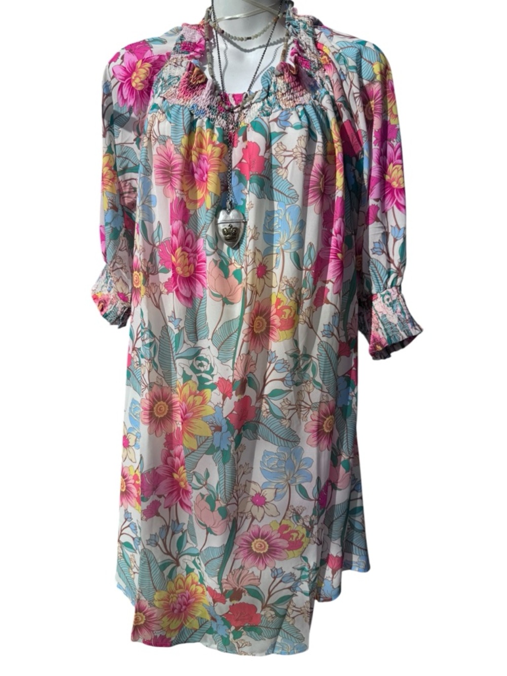 Umgee Floral Boho Smocked Neck Tunic Dress off the shoulder 2/3 lengths sleeve